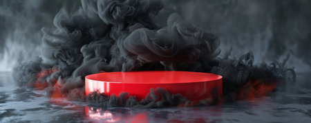 A bright red podium with an empty pedestal on a metallic white background, surrounded by swirling black smoke. The bold, contrasting colors and the dynamic smoke create a striking and dramatic visual effect.の素材