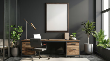 A stylish office with an empty poster frame on a dark gray wall, complemented by contemporary furnishings and a large desk with a laptop and plants.の素材