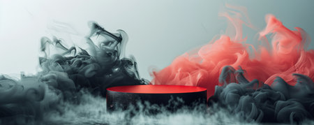 A bright red podium with an empty pedestal on a crisp white background, surrounded by swirling black smoke. The bold, contrasting colors and the dynamic smoke create a striking and dramatic visual effect.の素材