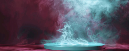 A glossy turquoise podium with an empty pedestal on a rich burgundy background, enveloped in soft, white smoke. The luxurious colors and the gentle movement of the smoke give the scene an elegant and captivating feel.の素材