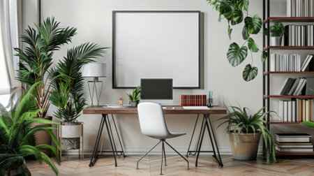 An empty poster frame in a stylish home office, above a modern desk with a computer, surrounded by bookshelves and indoor plants.の素材