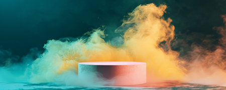 A metallic pink podium with an empty pedestal on a metallic dark teal background, enveloped in soft yellow smoke. The contrasting colors and the gentle movement of the smoke give the scene a playful and elegant feel.の素材