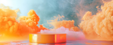 A glossy orange podium with an empty pedestal on a metallic light blue background, surrounded by swirling yellow smoke. The bright, cheerful colors and the ethereal smoke create a playful and energetic scene.の素材