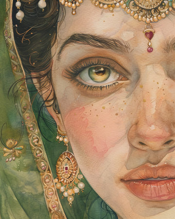 Watercolor close-up painting of Goddess Meenakshi, with rich greens, golds, and pinks, showing her graceful and kind expression.の素材