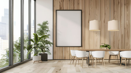 An empty poster frame hangs in a bright, open-plan office interior, with clean lines, light wood furniture, and large floor-to-ceiling windows.の素材
