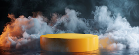 A bright yellow podium with an empty pedestal set against a sleek black background, enveloped in soft, white smoke. The bold, contrasting colors and the gentle movement of the smoke create a striking and dynamic scene.の素材