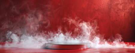A metallic silver podium with an empty pedestal on a deep red background, surrounded by soft, drifting white smoke. The luxurious colors and the ethereal smoke give the scene an elegant and striking feel.の素材