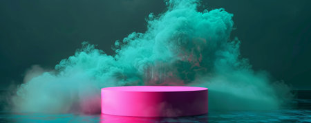 A bright pink podium with an empty pedestal set against a metallic sleek black background, enveloped in soft green smoke. The bold, playful colors and the gentle movement of the smoke create a dynamic and captivating visual.の素材