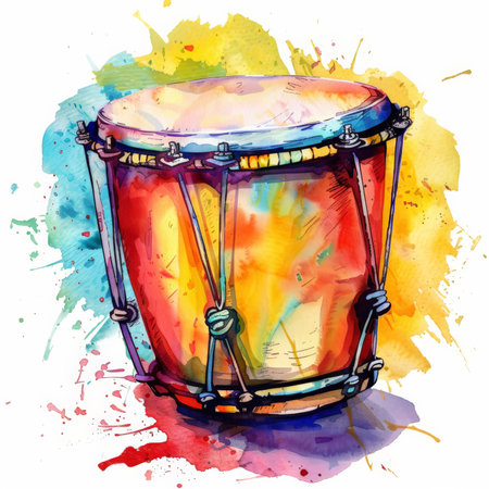 A colorful watercolor illustration of a conga drum, featuring a range of lively and bold colors, isolated on white background.の素材