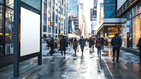 An empty poster frame on a bustling city street, surrounded by modern skyscrapers and busy pedestrians walking by.の素材