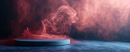 A sleek gray podium with an empty pedestal set against a metallic deep blue background, with delicate red smoke curling around. The cool, sophisticated colors and the smoky atmosphere create a modern and dramatic visual.の素材