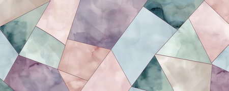 A minimalist geometric watercolor pattern with an abstract design in muted Pantone tones, highlighting overlapping triangles and hexagons in soft hues of lavender, dusty blue, and pale olive.の素材