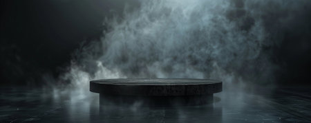 A gunmetal gray podium with an empty pedestal, placed on a dark, smoky stage. The dark metal blends with the background, while the smoke adds an element of suspense and intrigue. The subtle reflections create a moody atmosphere.の素材