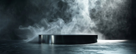 A shiny silver podium with an empty pedestal, on a dark stage with dense, rolling smoke. The reflective surface of the metal catches the light, creating a striking contrast with the dark background and smoke.の素材