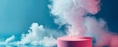 A bright pink podium with an empty pedestal on a deep blue background, surrounded by soft, drifting white smoke. The playful colors and the ethereal smoke give the scene a whimsical and energetic feel.の素材