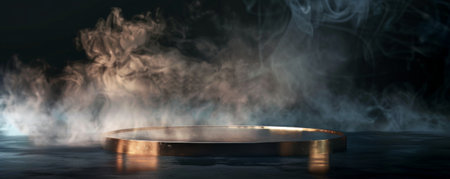 A bronze-colored metal podium with an empty pedestal, set against a pitch-black background. Wisps of white smoke curl around the base, enhancing the dramatic and mysterious ambiance. The metal surface gleams under soft, focused lighting.の素材