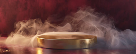 A metallic gold podium with an empty pedestal set against a rich burgundy background, enveloped in soft, gray smoke. The luxurious colors and the swirling smoke give the scene an opulent and dramatic feel.の素材