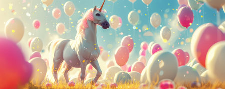 A graceful unicorn amidst a sea of colorful balloons in a field, each balloon contributing to the magical and surreal feel of the scene.の素材