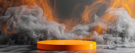 A vibrant orange podium with an empty pedestal set against a metallic silver background, surrounded by delicate wisps of gray smoke. The contrasting colors and the ethereal smoke create a modern and dynamic scene.の素材