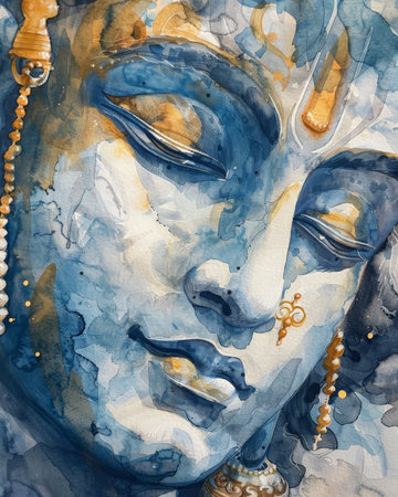 Watercolor close-up painting of Lord Vishnu, with deep blues, golds, and whites, highlighting his calm and composed expression.の素材