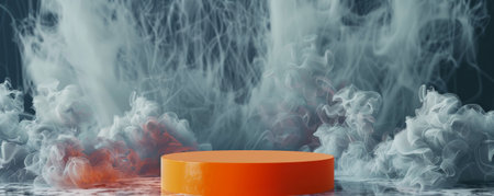A vibrant orange podium with an empty pedestal set against a sleek silver background, surrounded by delicate wisps of gray smoke. The contrasting colors and the ethereal smoke create a modern and dynamic scene.の素材