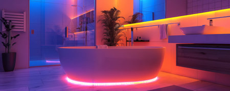 The magical ambiance of a modern bathroom decorated with LED strips, featuring a warm, colorful glow around the mirrors, bathtub, and contemporary decor, enhancing the serene experience.の素材
