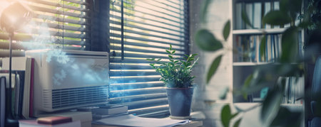 A compact air conditioning unit in a small home office, blowing out cool air and creating a comfortable workspace. The cool breeze keeps the room temperature perfect for productivity, with papers and plants gently swaying.の素材