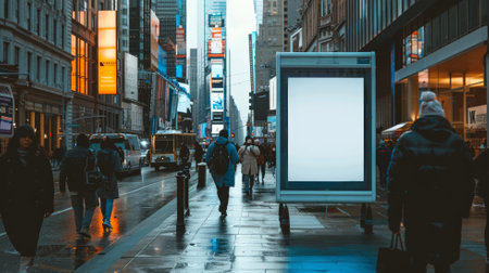 An empty poster frame on a bustling city street, surrounded by modern skyscrapers and busy pedestrians walking by.の素材