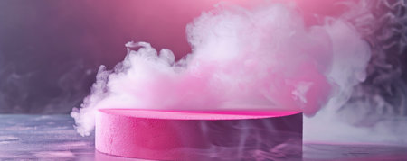 A bright pink podium with an empty pedestal on a sleek gray background, enveloped in soft, white smoke. The bold, playful colors and the gentle movement of the smoke create a dynamic and captivating visual.の素材