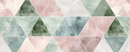 Minimalist geometric watercolor pattern art in muted Pantone tones, showcasing abstract triangles and hexagons in muted shades of dusty rose, sage green, and pale gray.の素材