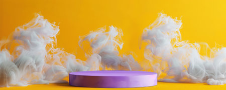 A glossy purple podium with an empty pedestal on a vibrant yellow background, surrounded by swirling white smoke. The bright, playful colors and the dynamic smoke create a striking and energetic scene.の素材