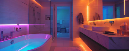 A modern bathroom with a magical ambiance, with LED strips illuminating the room with a calming, colorful light, highlighting the elegant fixtures and contemporary design elements.の素材