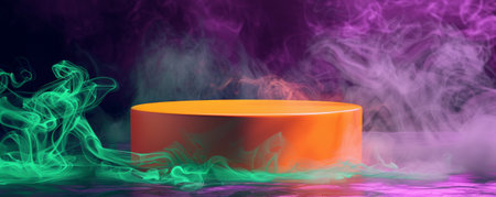 A vibrant orange podium with an empty pedestal set against a metallic deep purple background, with delicate green smoke curling around. The contrasting colors and the smoky atmosphere create a dynamic and energetic scene.の素材