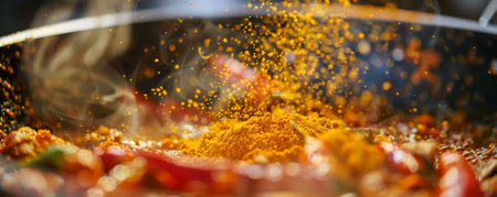 A close-up of spices being sprinkled into a simmering pot of curry. The vibrant colors of the spices, from yellow turmeric to red chili, blend beautifully with the rich, aromatic sauce, creating an appetizing and sensory-rich scene.の素材