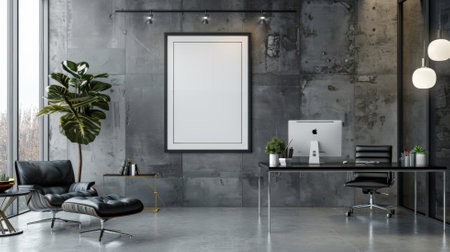 A modern office interior with an empty poster frame on a concrete wall, featuring sleek black furniture, a glass desk, and contemporary art pieces.の素材