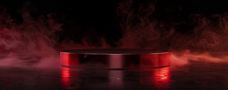 A sleek, metallic red podium with an empty pedestal, against a black background. Smoke swirls around the base, giving a dynamic and dramatic feel. The reflective surface of the podium catches subtle light, adding depth.の素材