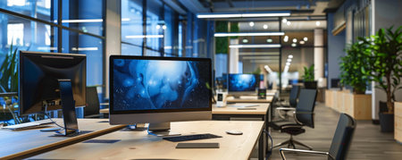 A contemporary office interior with LED lighting, showcasing clean lines, high-tech equipment, and comfortable workspaces, designed for optimal productivity and comfort.の素材