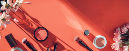 A coral table with makeup products and brushes scattered across its surface. The warm and inviting color of the table enhances the visual appeal of the beauty items, creating a cozy scene.の素材