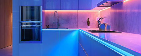A sleek modern kitchen with LED strips casting a colorful light on the contemporary countertops, stylish fixtures, and elegant decor, creating a chic and sophisticated space.の素材