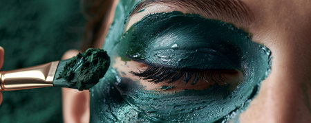 A close-up shot of a spirulina-infused face mask jar with the mask being applied to a model's face. The rich green color of the mask contrasts with the smooth skin, emphasizing its natural beauty benefits.の素材