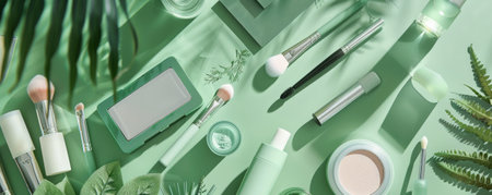 A green table covered with makeup products and brushes, creating a fresh and inviting scene. The natural color of the table complements the beauty items, emphasizing a clean and vibrant look.の素材