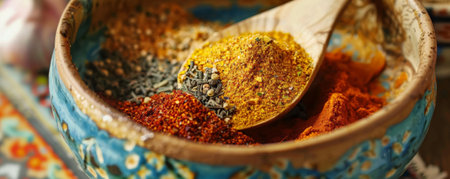 A vibrant mix of spices in a ceramic bowl, with a wooden spoon ready for mixing. The dynamic colors and textures of the spices emphasize their aromatic and flavorful qualities.の素材