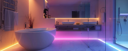 A modern bathroom with a magical atmosphere, with LED strips casting a calming, colorful light on the minimalist fixtures, creating a serene and elegant retreat.の素材