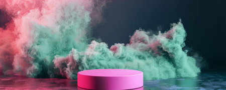 A bright pink podium with an empty pedestal set against a metallic sleek black background, enveloped in soft green smoke. The bold, playful colors and the gentle movement of the smoke create a dynamic and captivating visual.の素材