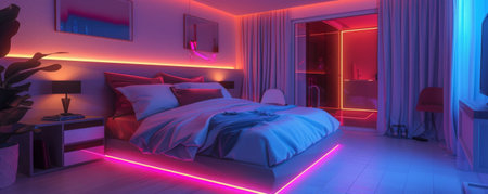 The enchanting atmosphere of a modern bedroom adorned with LED strips, creating a vibrant and soothing glow around the bed, walls, and chic decor.の素材