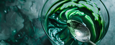 A detailed shot of spirulina powder being mixed into a glass of water with a spoon. The swirling motion of the water and powder creates an intriguing pattern, highlighting the blend's vibrant green color.の素材