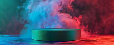A glossy green podium with an empty pedestal set against a metallic red background, surrounded by wisps of blue smoke. The bold, complementary colors and the swirling smoke create a dramatic and striking scene.の素材