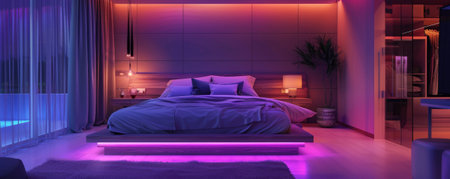 The enchanting atmosphere of a modern bedroom adorned with LED strips, creating a vibrant and soothing glow around the bed, nightstands, and stylish decor, perfect for relaxation.の素材