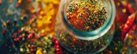 A close-up of a spice blend being mixed in a glass jar, with various colorful spices arranged around it. The dynamic colors and textures emphasize the art of creating custom spice blends.の素材