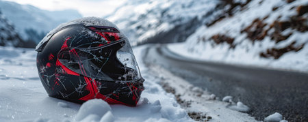 A damaged black and red motorcycle helmet positioned on the edge of a snowy mountain road. The pristine snow contrasts with the helmet's cracks and scratches, adding to the scene's stark and lonely feeling.の素材